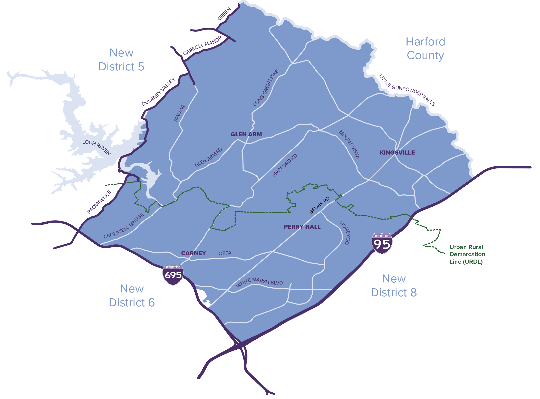 Map of the new Baltimore County Council District 7, showing neighborhoods from Loch Raven to I-95